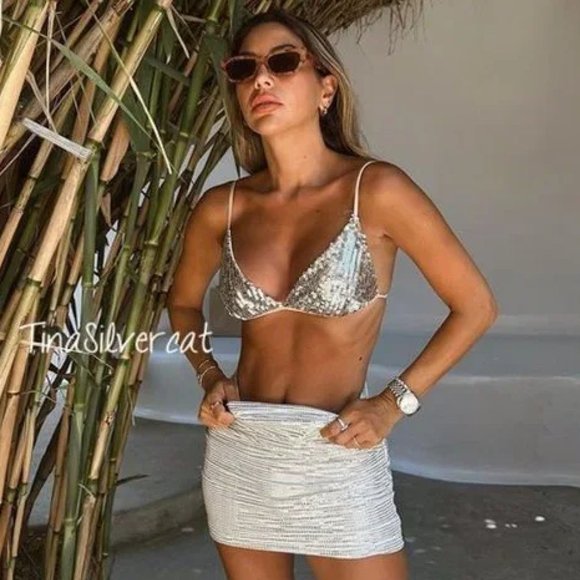 BLOGGER'S FAVE! Zara Sequin Appliqué Bikini Top Silver NWT - Picture 1 of 17